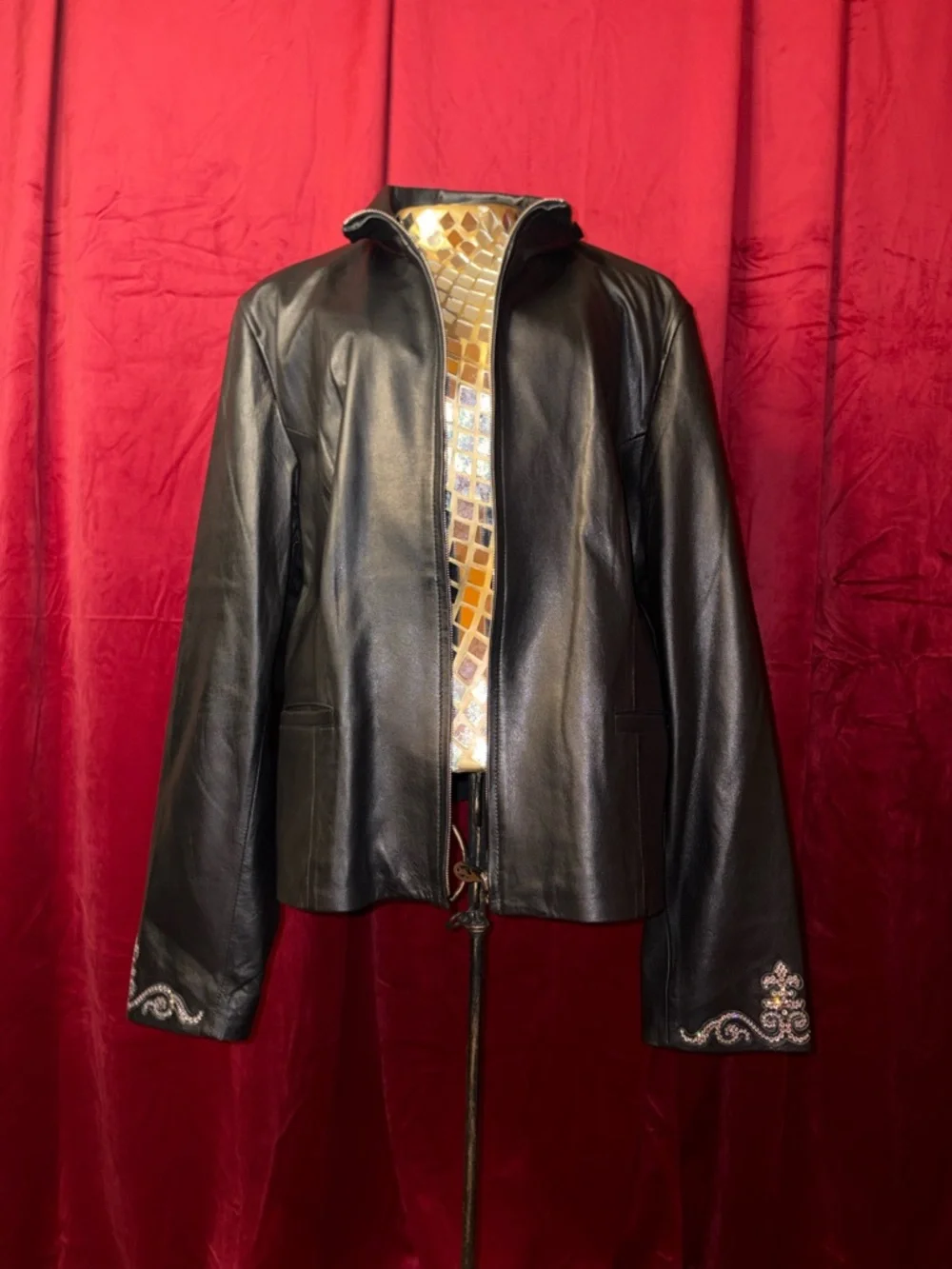 Christine Alexander Black Leather Jacket with Beaded Back Motif - Picture 2 of 6
